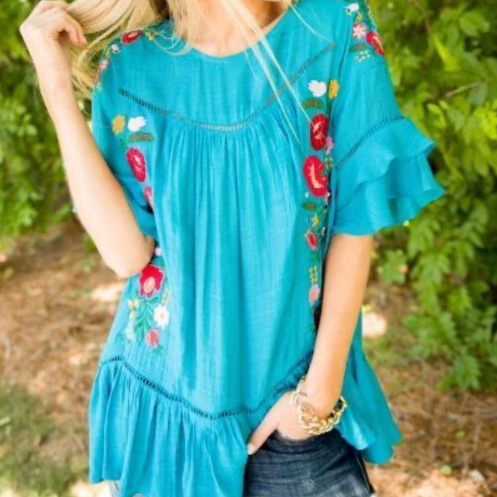 Umgee Blue Blouse with Floral Embroidery - Picture 2 of 14